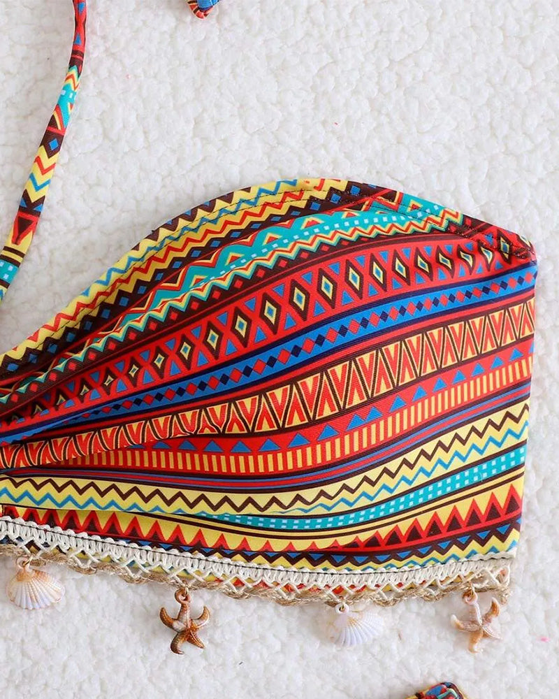 Casual Rainbow Striped Tassel Bikini