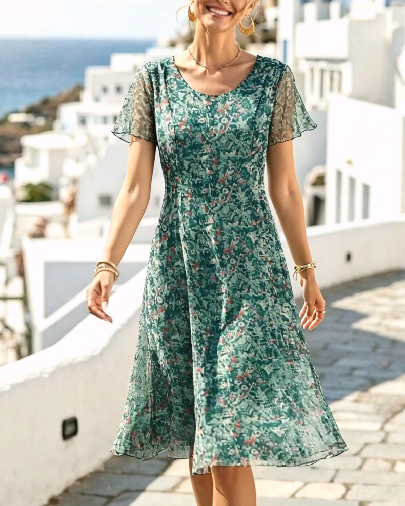 Floral Short Sleeve A-Line Dress