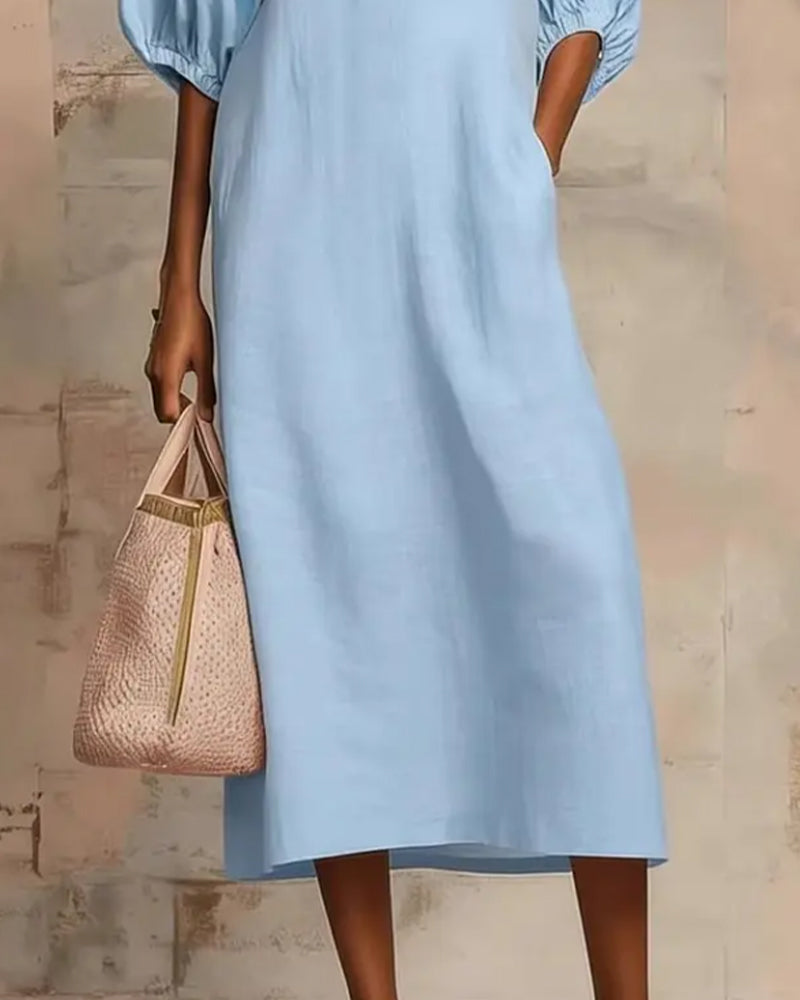 Lantern Sleeve Half-Zip Long Dress