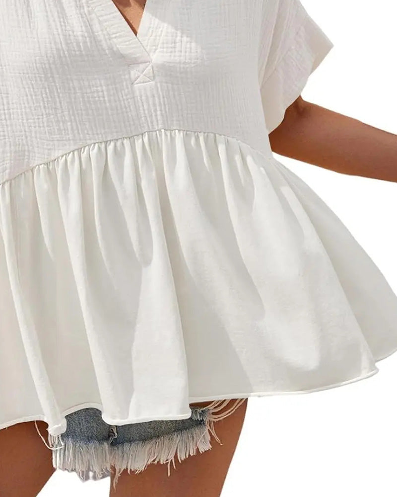 Solid Color V-Neck Textured Blouse