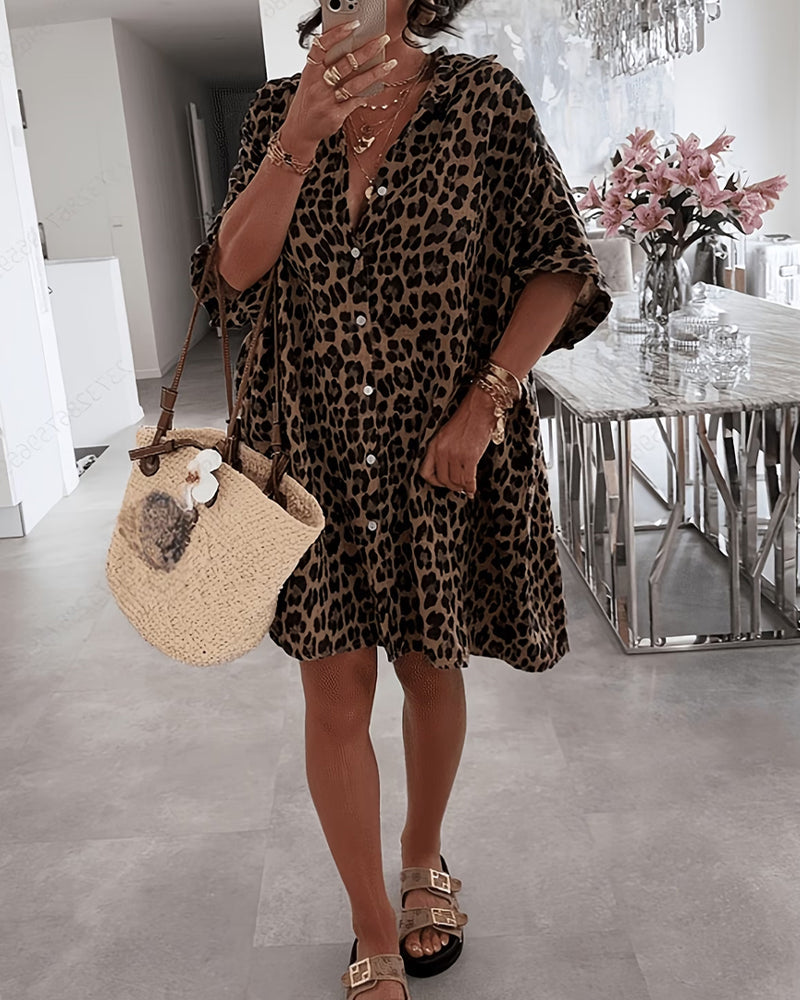 Lapel Leopard Print Loose Shirt Dress
