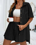 Casual solid color shirt and shorts set