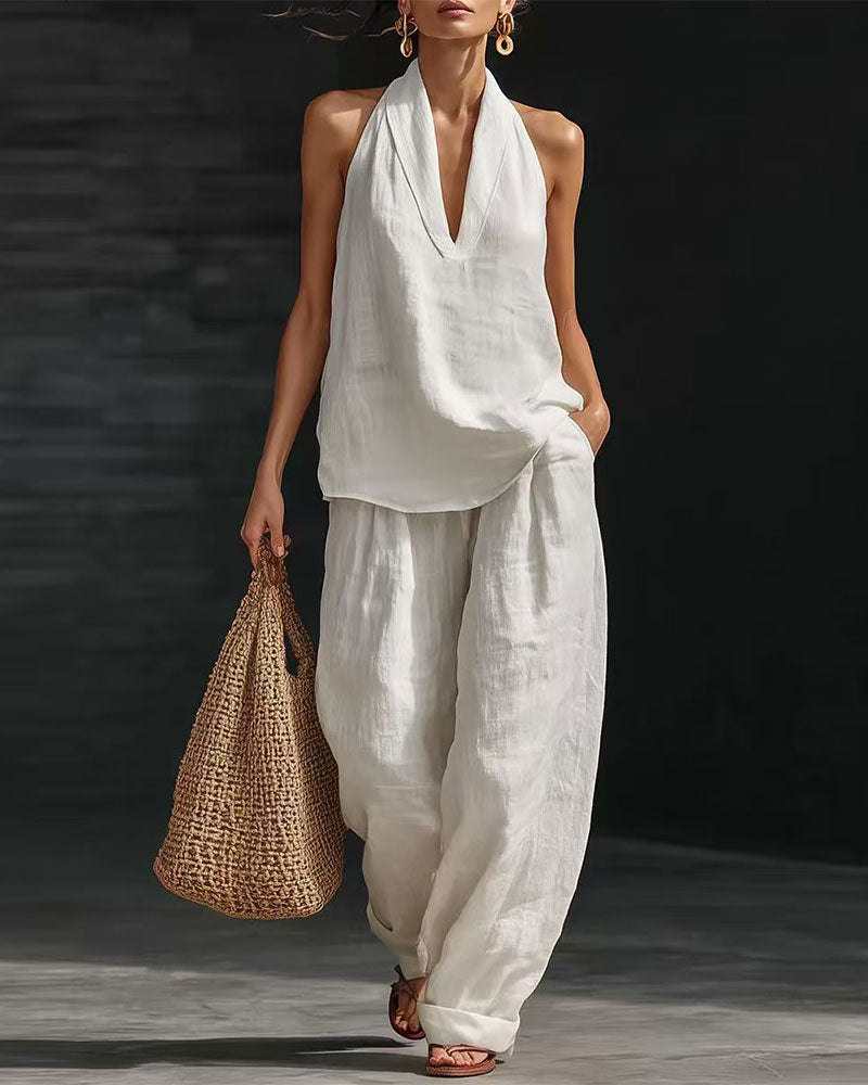 Halter Neck Sleeveless Wide-Leg Pants Set