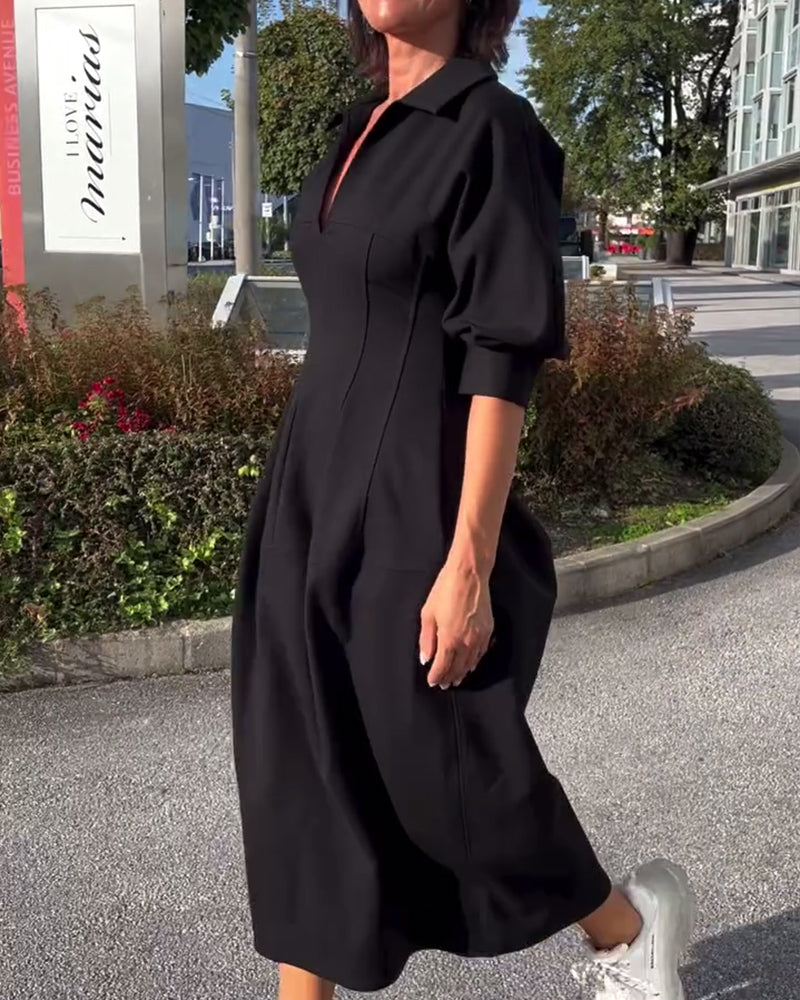 Lapel solid color casual dress