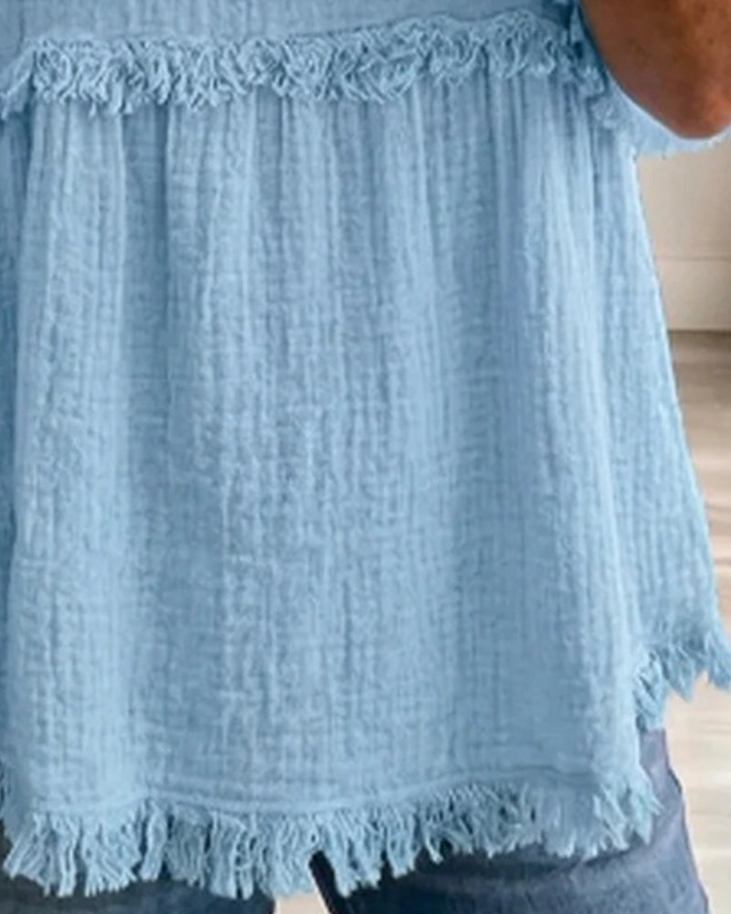 Solid Raw Hem Bell Sleeve Babydoll Blouses