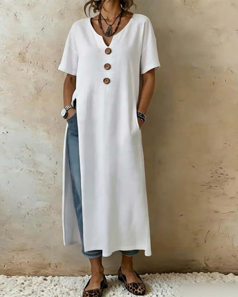 Three-Button Slit Solid Color Dress Blouse