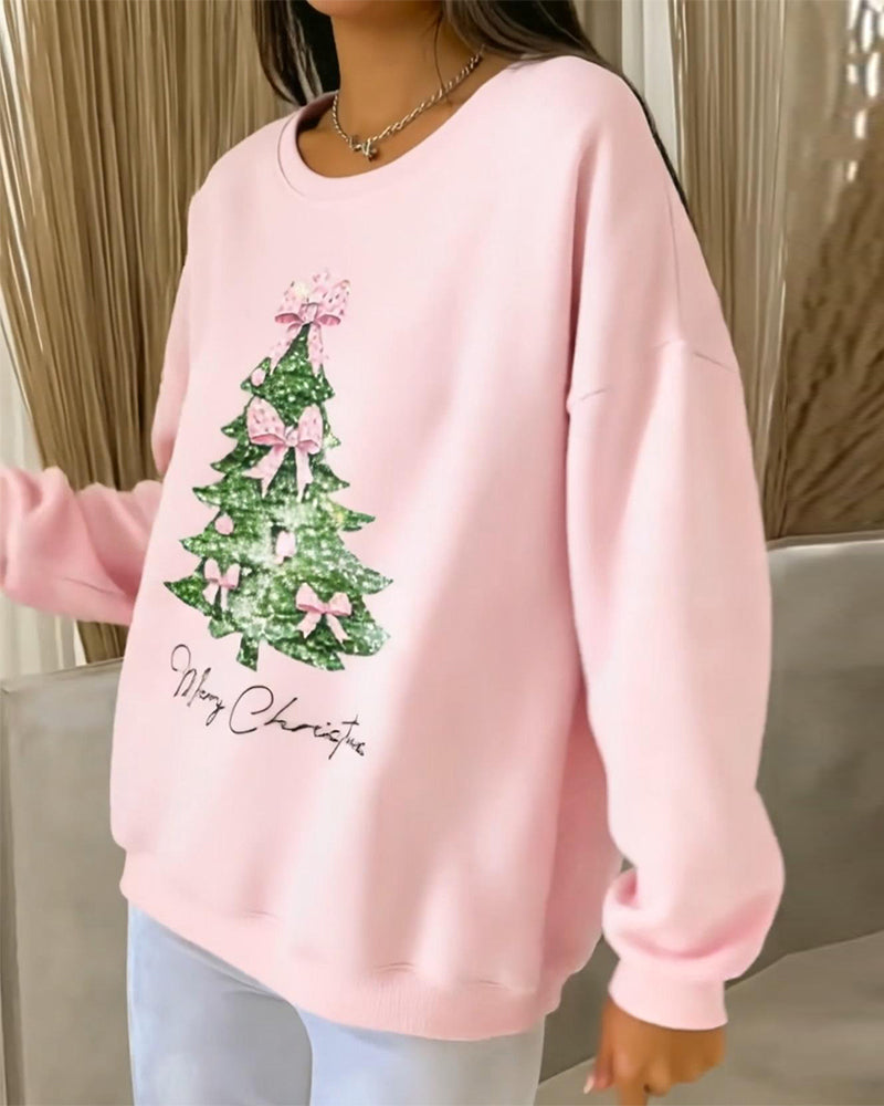 Crew Neck Christmas Long Sleeve Print Sweatshirt