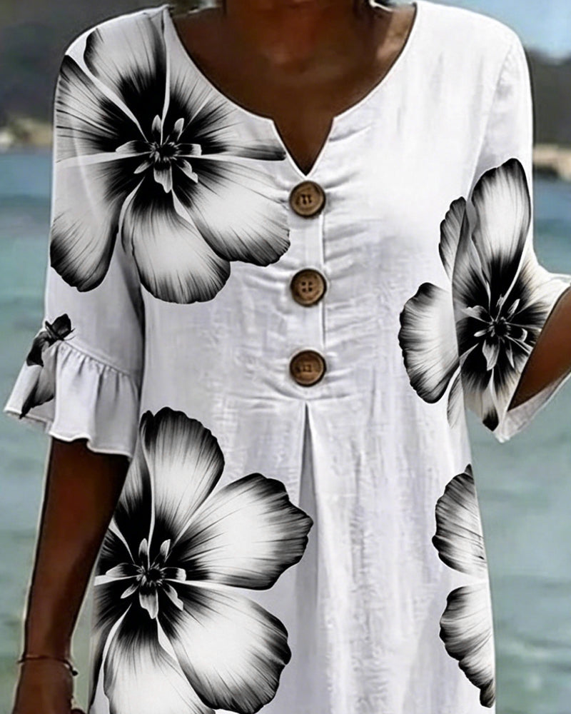 Floral Print Ruffle-Sleeve Dress