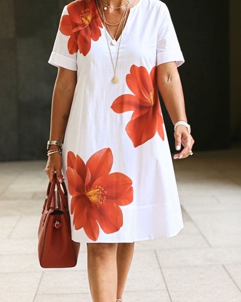 V-Neck Red Flower Print Dress