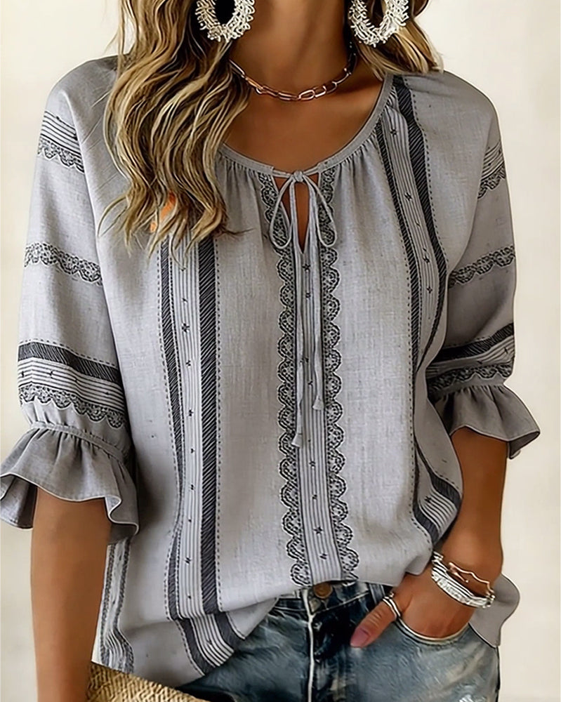 Round Neck Tie Ruffle Blouse