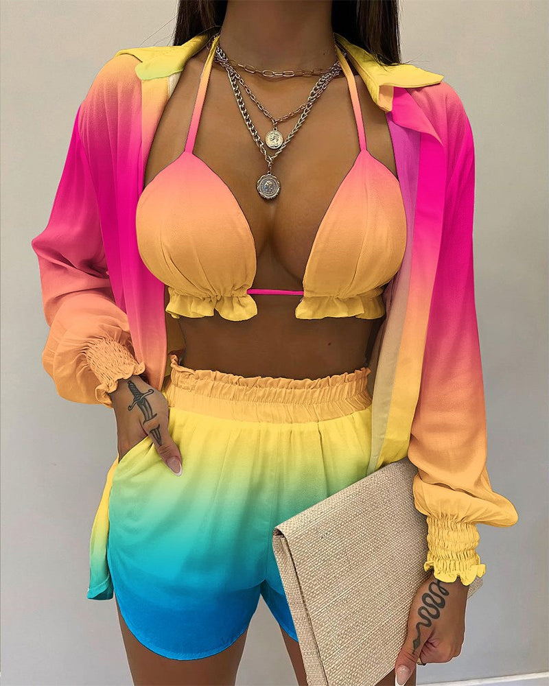Balloon sleeve shirt bikini three piece set