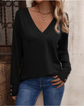 Solid color v neck button long sleeve top