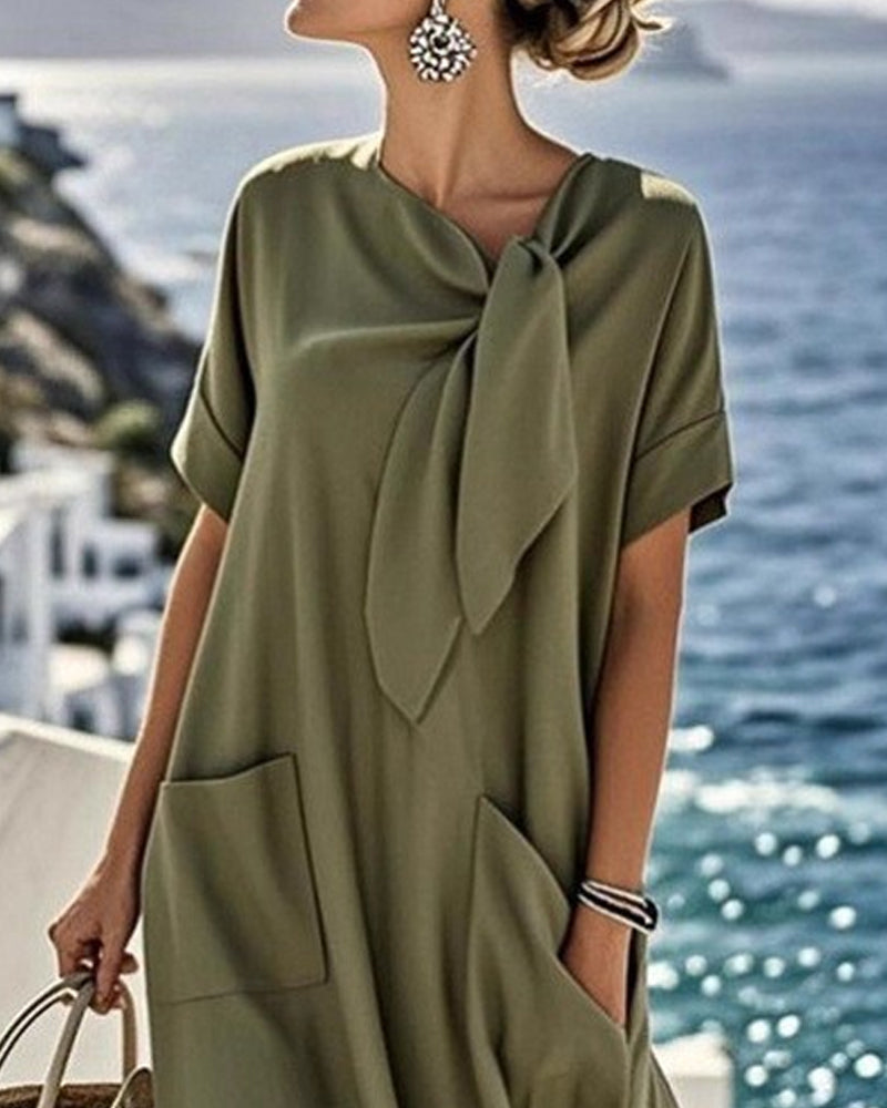 Solid Color Bow Collar Short-Sleeve Dress
