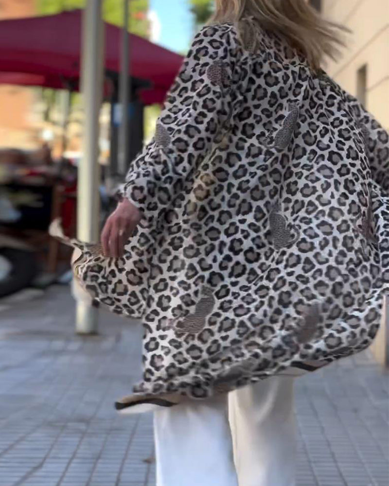 Leopard print lapel casual long coat
