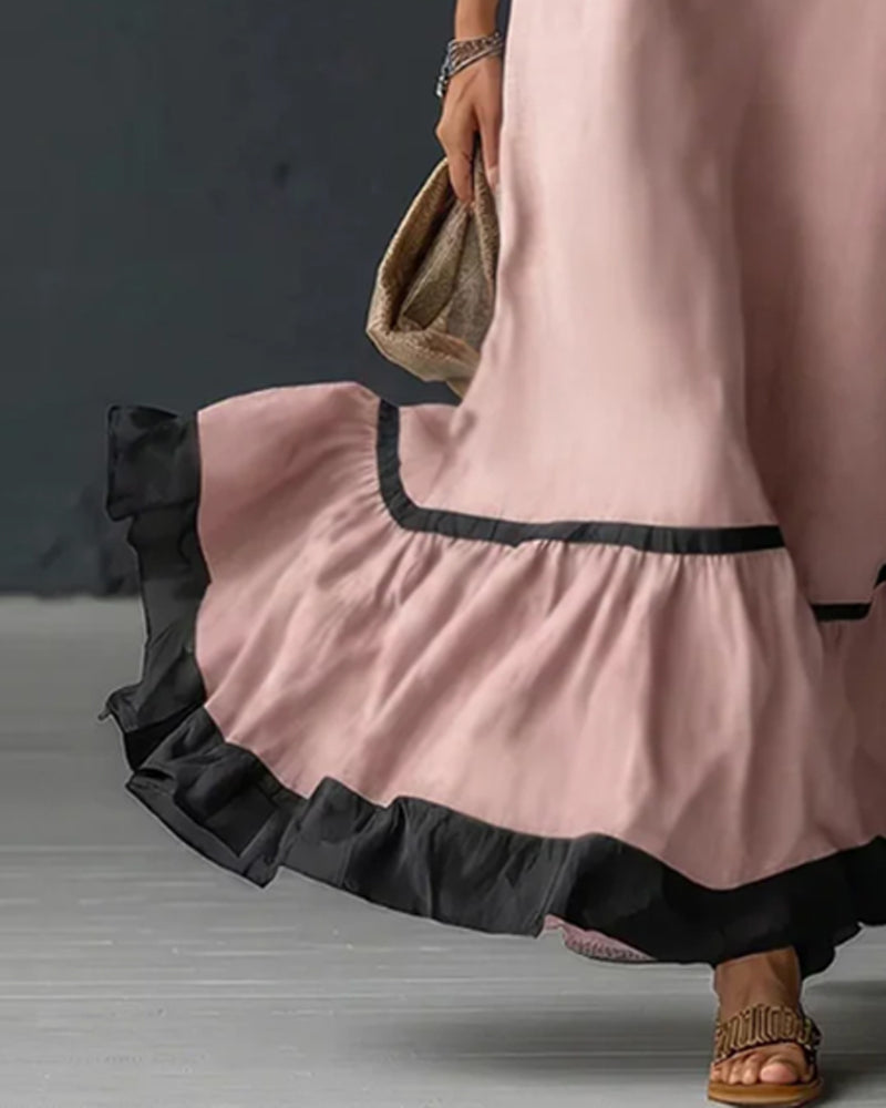Contrast Ruffled Sleeveless Long Dress