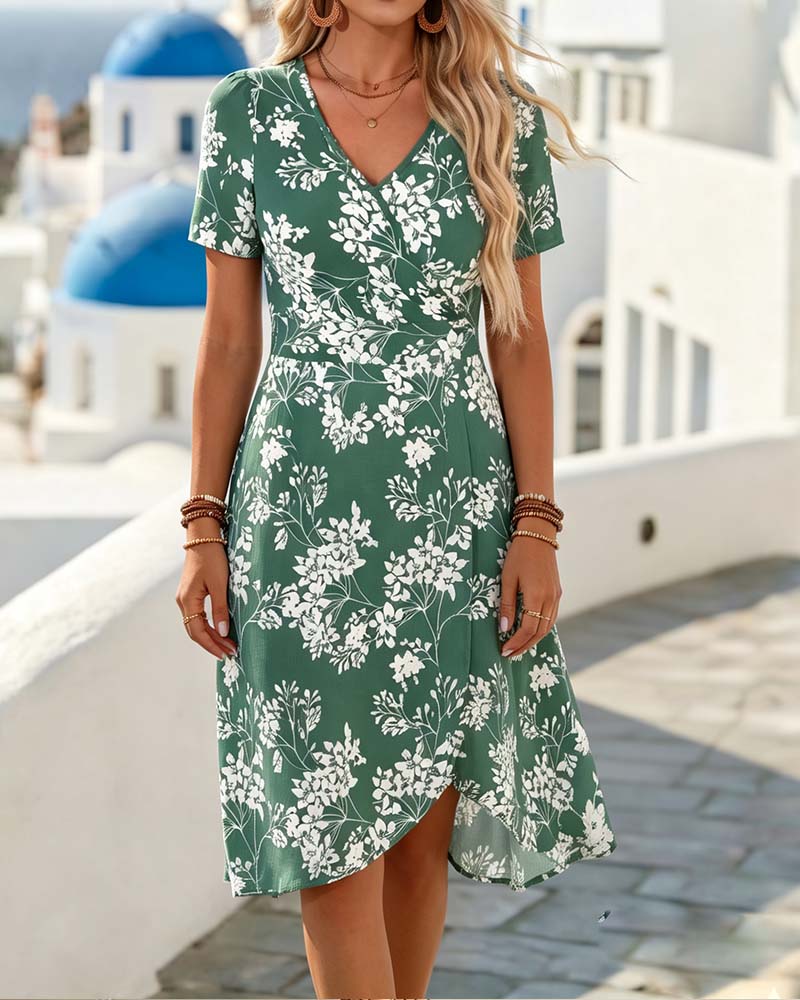 V-Neck Floral Short-Sleeved Dress