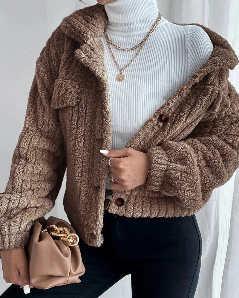 Casual solid color lapel button long sleeve thickened coat