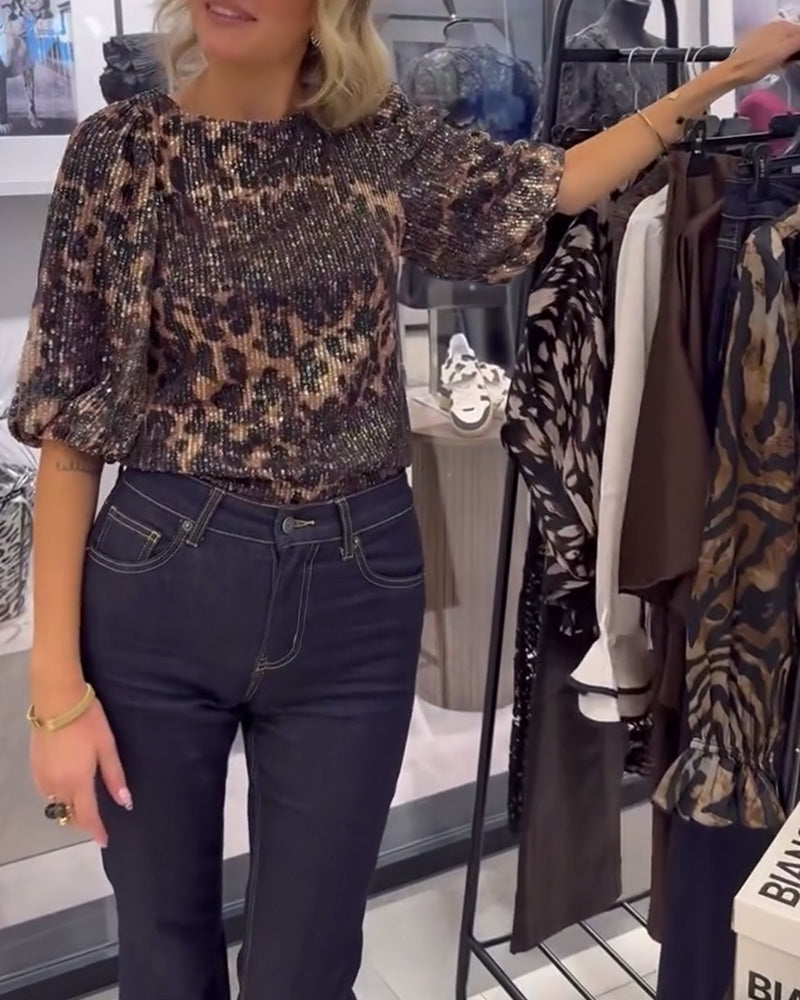 Lantern-Sleeve Sequined Leopard-Print Blouse