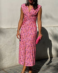V-Neck Twist Knot Slit Print Dress