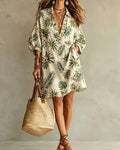 V-Lapel Puff Sleeve Floral Print Dress