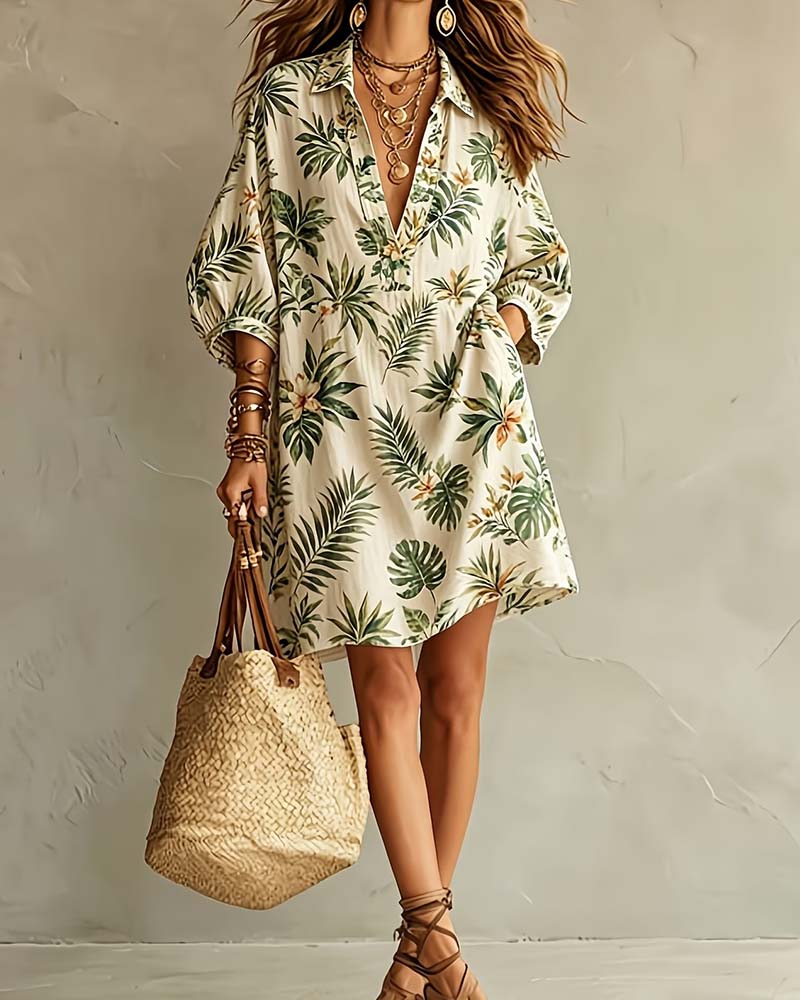 V-Lapel Puff Sleeve Floral Print Dress