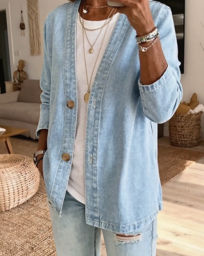 Denim V-Neck Cardigan Coat