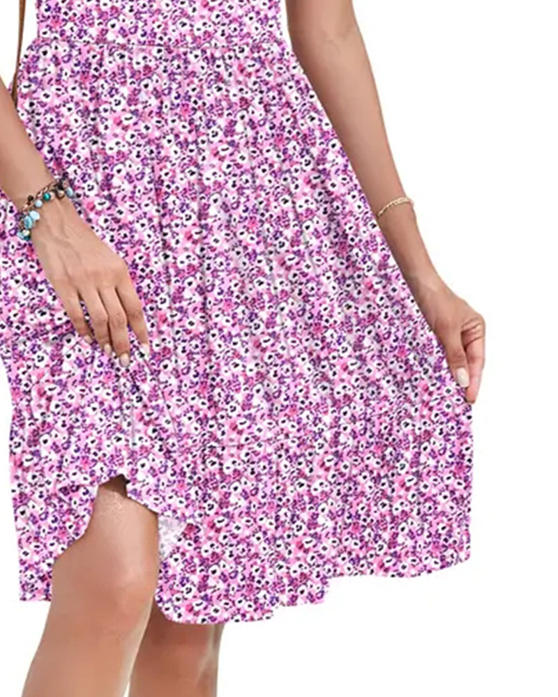 Square Neck Floral Short-Sleeve A-Line Dress