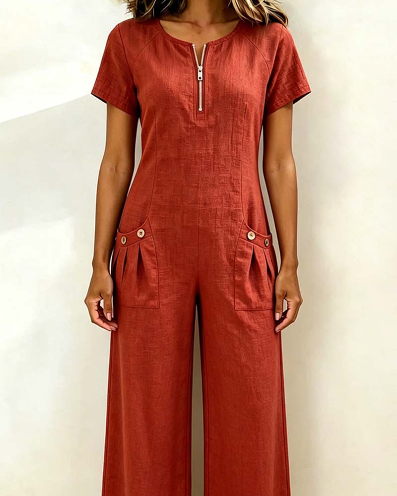 Half-Zip Short Sleeve Jumpsuit