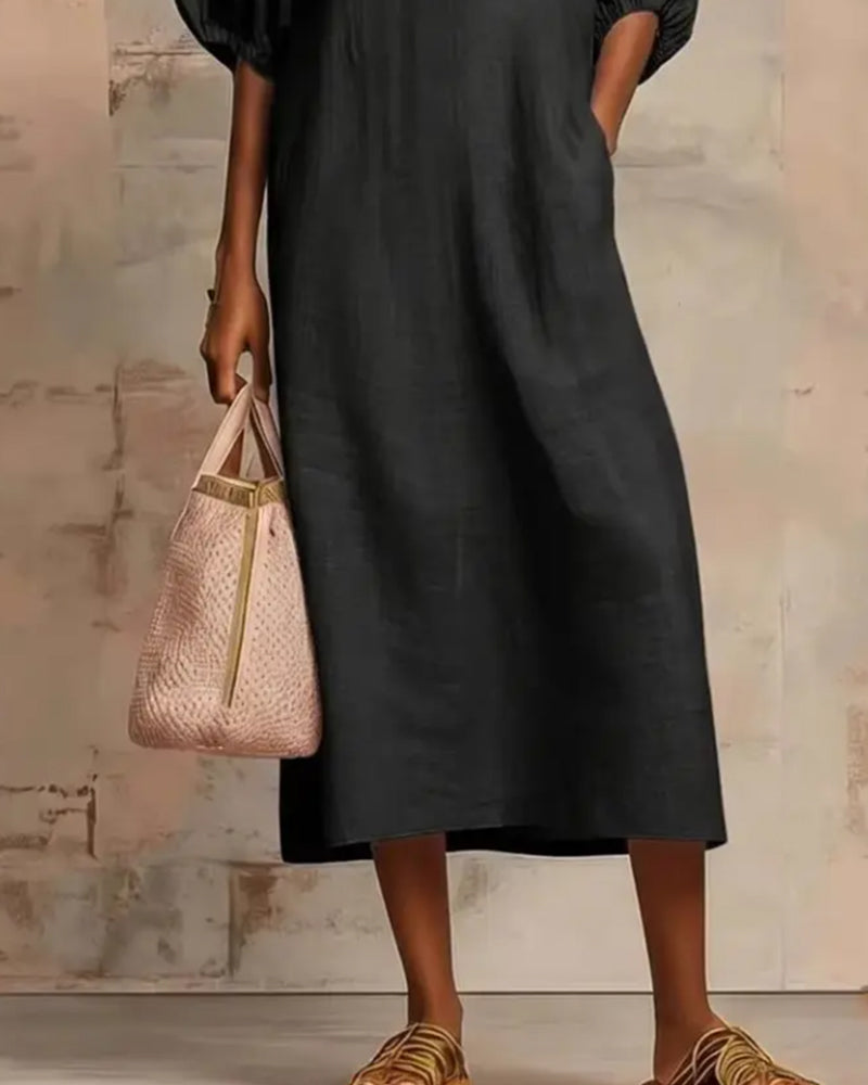 Lantern Sleeve Half-Zip Long Dress