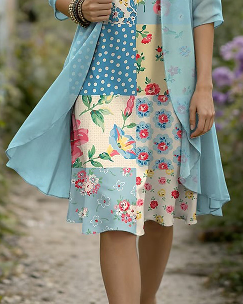 Floral Patchwork Dress And Cardigan Set