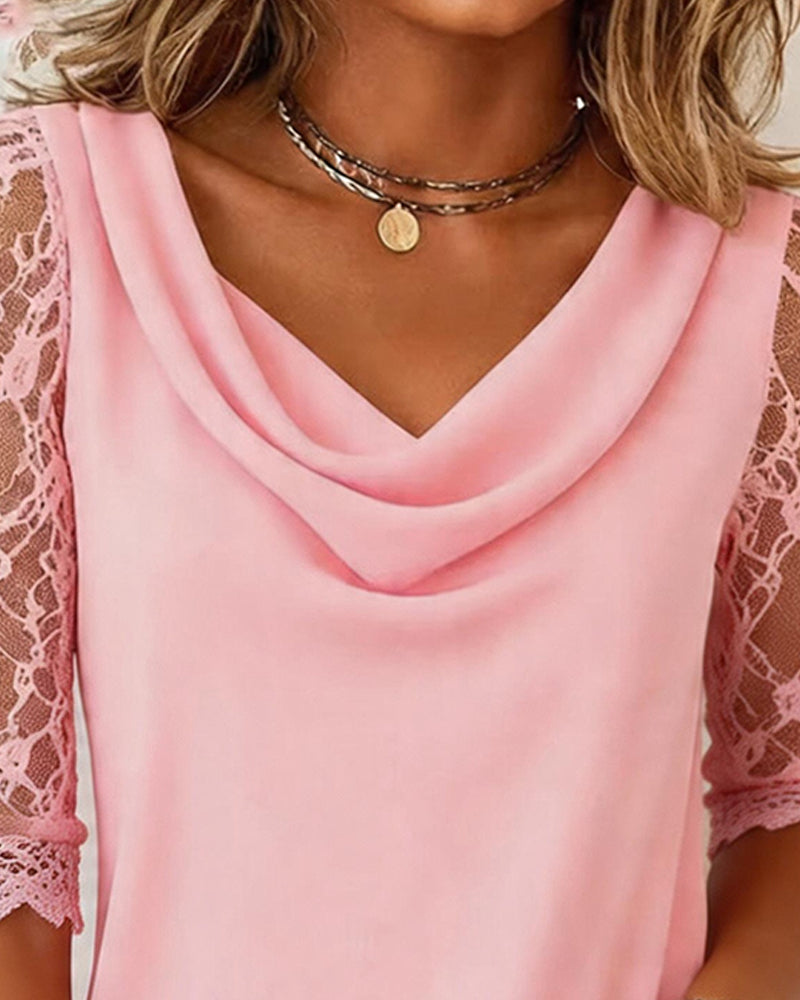 Cowl Neck Lace Sleeve Patchwork Blouse