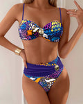 Metal Button High Waist Briefs Printed Bikini