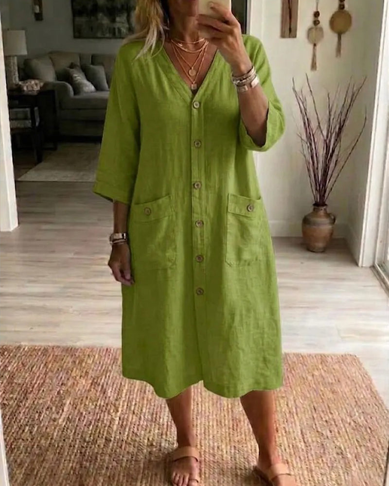 V-Neck Buttoned Pocket Dress