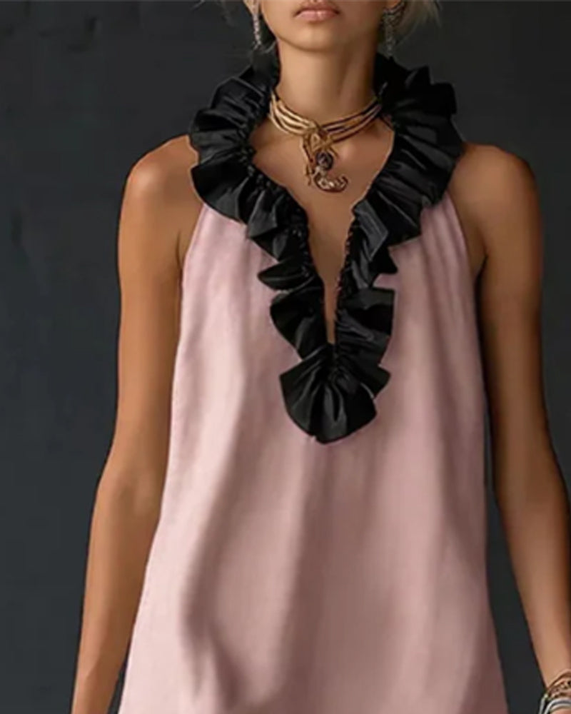 Contrast Ruffled Sleeveless Long Dress