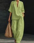 V-Neck Short Sleeve Cotton Linen Set