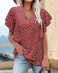 V-neck and flower print short-sleeved blouse