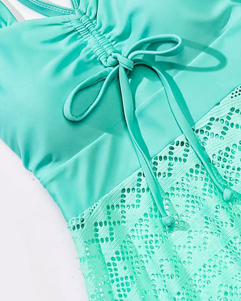 Solid Color Lace Panel Tankini