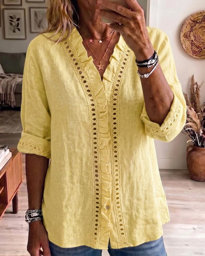 V-Neck Ruffle Collar Hollow Out Blouse