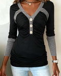 V-neck contrast color stitching top