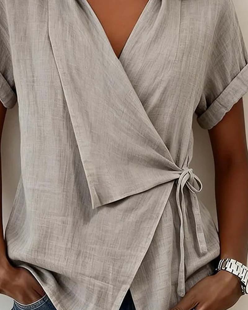 Casual Lace-Up Wrap V-Neck Blouse