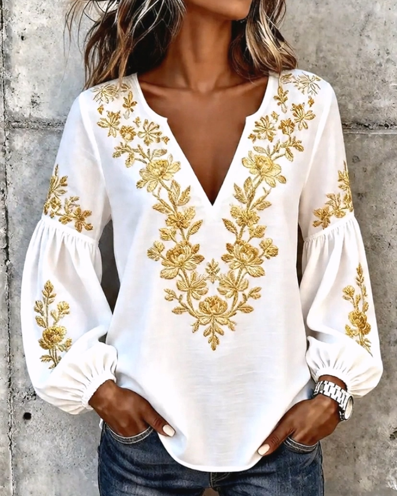 V-Neck Lantern Sleeve Loose Blouse