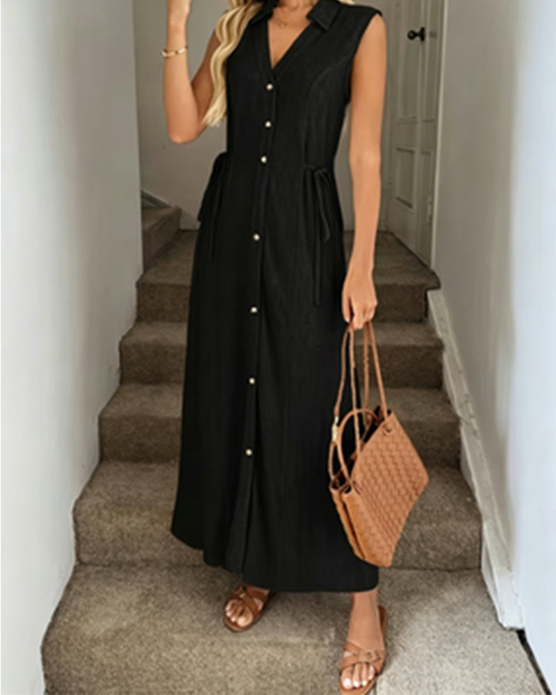 Collar-Breasted Sleeveless Waist-Cinching Dress