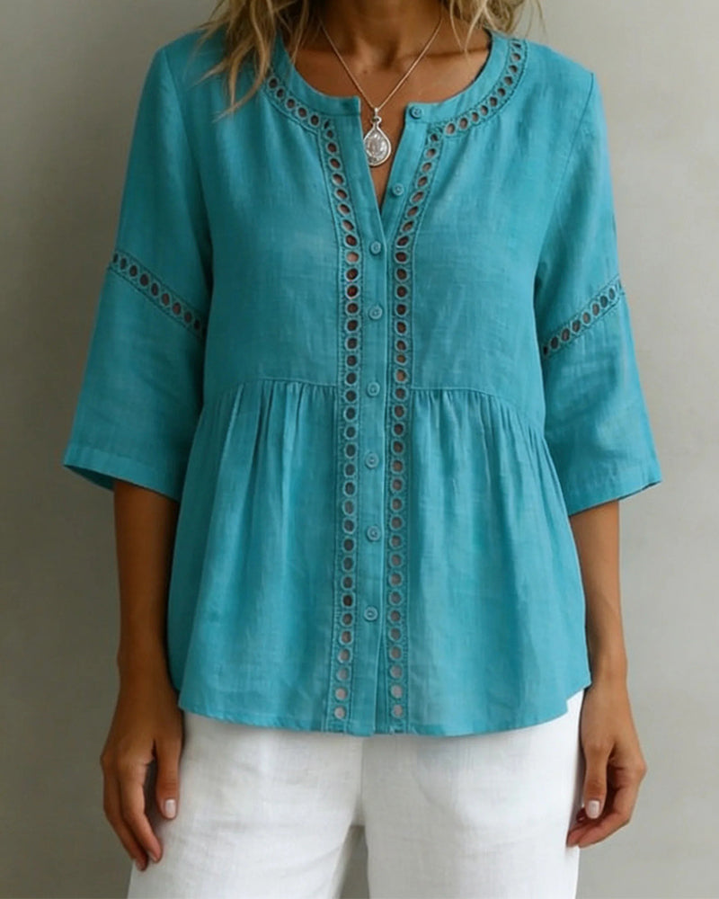 Cut-Out Patchwork Three-Quarter Sleeve Blouse