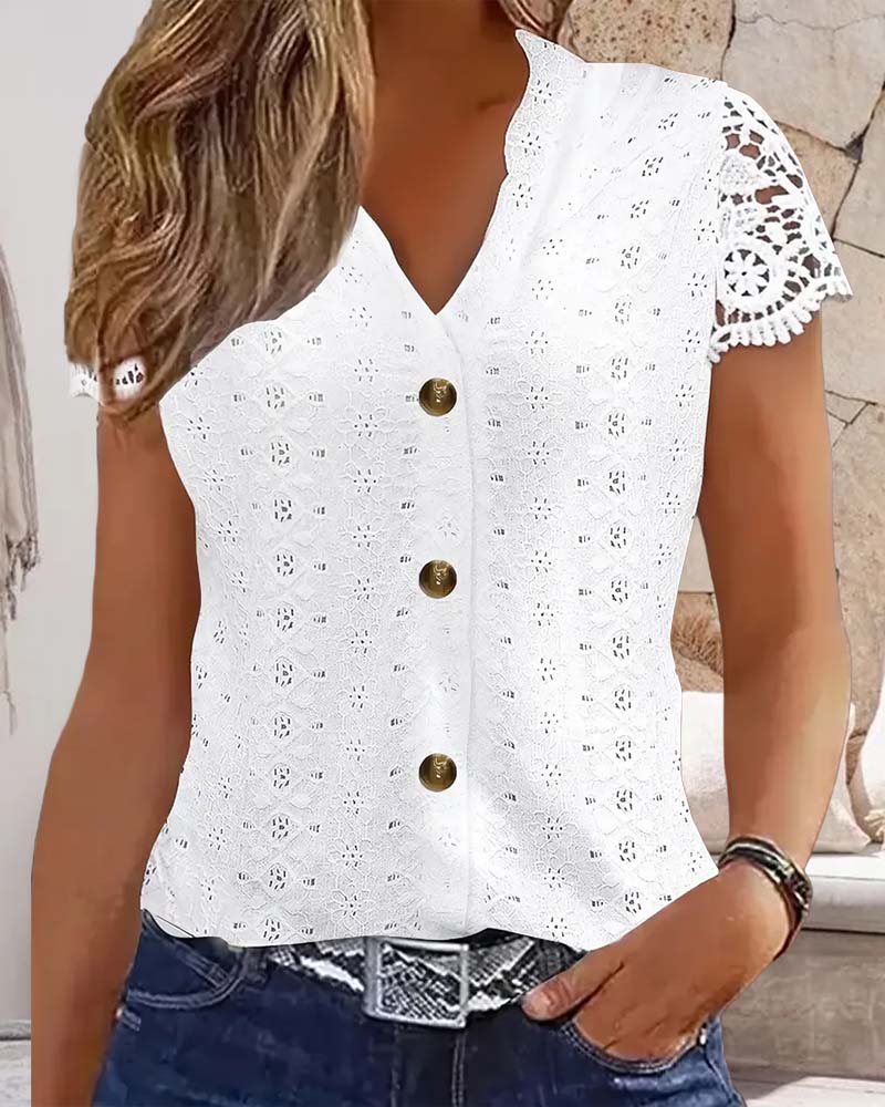 Solid Color Hollow Short-Sleeved Blouse