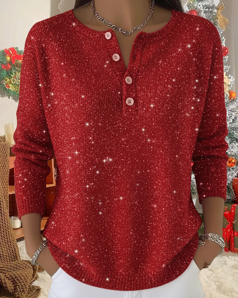 Long-Sleeved Crew Neck Button Pullovers