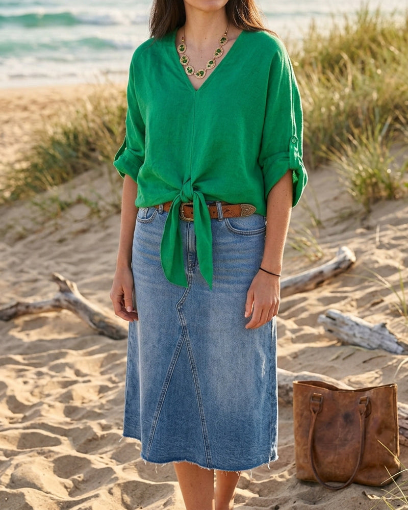 Loose-Fit V-Neck Tie-Front Blouse