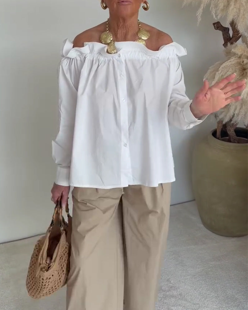 Ruffle Trim Off-Shoulder Button-Front Long Sleeve Blouse