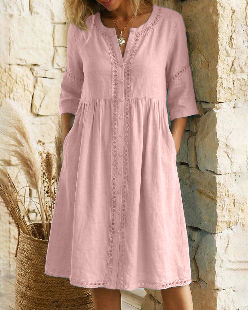 100% Cotton Hollow Out V-Neck Button-Front Dress