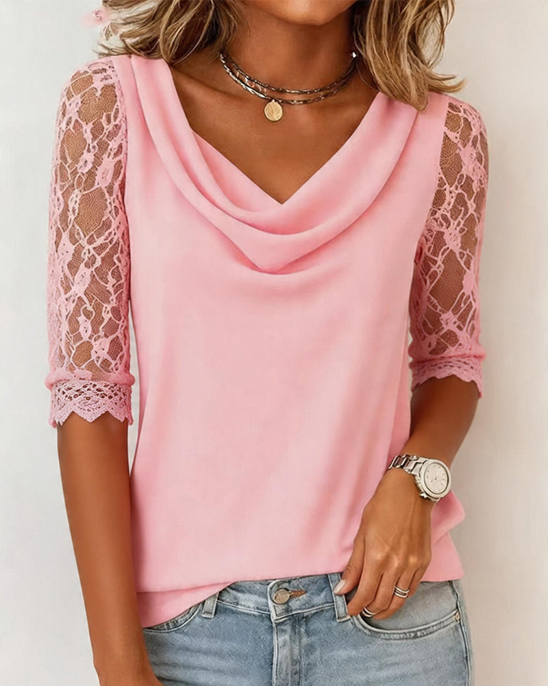 Cowl Neck Lace Sleeve Patchwork Blouse