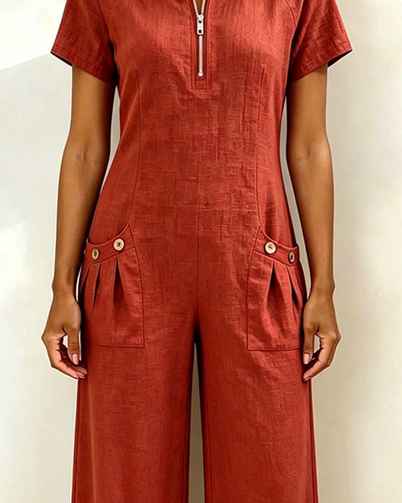 Half-Zip Short Sleeve Jumpsuit